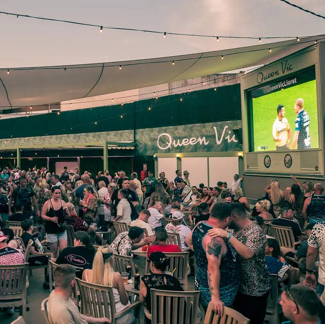 The giant outdoor screen seen across Queen Vic's terrace