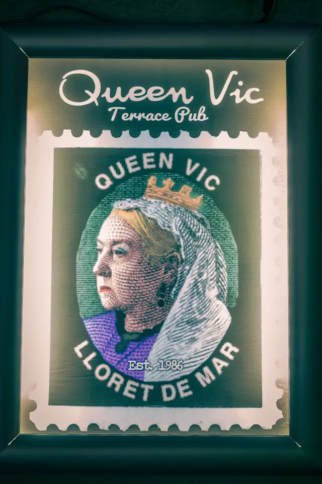 Queen Vic's Queen Victoria postage stamp emblem, Lloret de Mar, established 1986